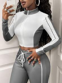 SHEIN BamGlam Women's Casual 2 Pieces Set, Color Block Design, Long Sleeve Zip-Up Jacket And Drawstring Pants, Autumn