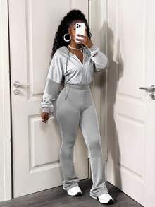 BamGleam 2件套女式连帽长袖上衣和裤子套装 - 灰色 - 查看 6