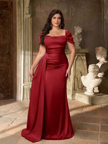 Aureia Váy phù dâu dài tay màu xanh lá cây hở vai, nhún eo, chất liệu satin sang trọng, viền đuôi cá, thanh lịch tối giản cỡ lớn - Màu Đỏ Sâu - Xem 3