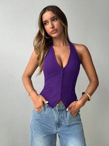 Aloruh Women's Sexy U-Neck Hook Design Open Back Halter Top - Purple - View 3
