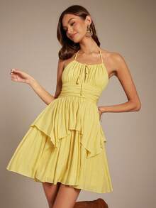 Enchnt Women's Vacation Casual Bohemian Ruffle Halter Backless Dress - Yellow - View 4