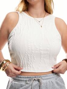 Solavibe Plus SizeSolid Low Back Textured Crop Tank Top - White - View 5