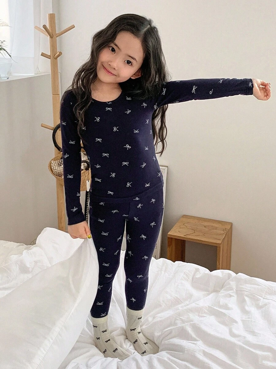 DAZY 少女蝴蝶结印花长袖睡衣套装 - 藏蓝色 - 查看 1