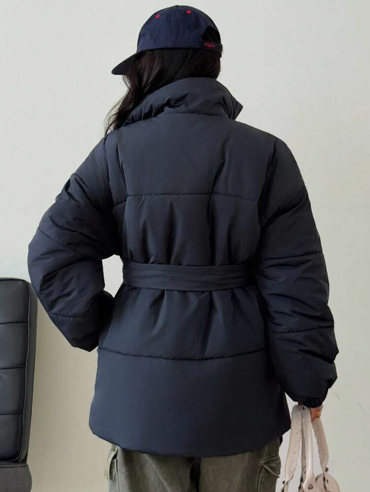 Women's Solid Color Belted Thermal Lined Thickened Jacket, Autumn/Winter Women Coats