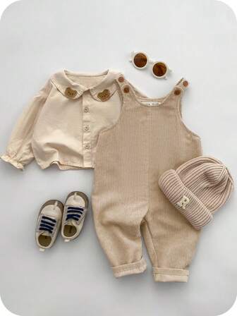 SHEIN Casual Sports Cute & Dropped Shoulder Loose Baggy Pocket Bib Overall Pants, Suitable For Baby Boys & Girls, Autumn/Winter Fall New Born Neutral Outfit Mocha Baby Clothes Baby Clothes Neutral Baby Casual Sets Baby Boy Beige Outfit