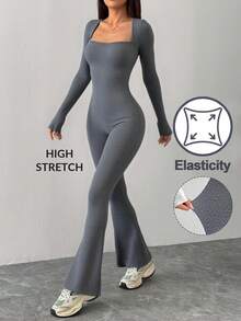 Girlism Teen Girls Square Neck Long Sleeve Flare Leg Jumpsuit/Halloween,Fall,Winter,Autumn,Christmas,Y2k,Summer,Pink - Grey - View 3