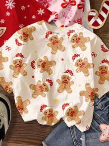 SHEIN Leap Crew 3pcs/Set Tween Girl Christmas Cute Bow Candy Cane,Gingerbread Man,Snowflake & Golden Reindeer Print Short Sleeve T-Shirt Multicolor Summer Concert - Multicolor - View 3