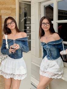 SHEIN EZwear 女式单排扣露肩长袖牛仔衬衫 - 中等水洗藍 - 查看 3