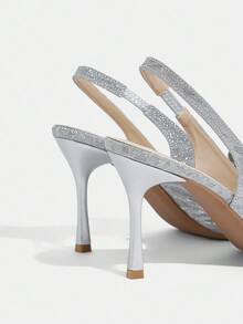 CUCCOO TILAWA Women's Fashion Pointed Toe Backless Strap Glitter Material Rhinestone Butterfly Sexy Evening Party Wedding Stiletto High Heel Pumps For Christmas - Silver - View 10