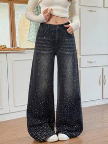 Rivivi Women's Polka Dot Print Pocket Wide Leg Loose Low Waist Casual Jeans