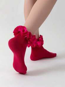 ROMWE Kawaii Women's Fashionable Mid-Calf Socks With Hollow Ruffled Design - Rose Red - View 2