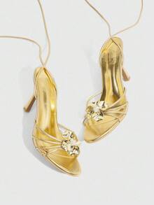 CUCCOO SZL Giày cao gót hở gót họa tiết hoa trà PU ánh kim vàng cho nữ, quai hậu gợi cảm, quyến rũ, sang trọng khi đi hộp đêm - Vàng - Xem 2