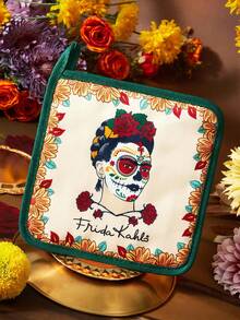 Frida Kahlo X SHEIN Bộ găng tay/miếng lót nồi chịu nhiệt in hình hoa hướng dương Frida, cần thiết cho việc nướng bánh, cách nhiệt hiệu quả, chủ đề Halloween, Ngày của người chết, bộ xương và hoa, hoa cúc vạn thọ, đầu lâu đường, nến. - Nhiều màu - Xem 4