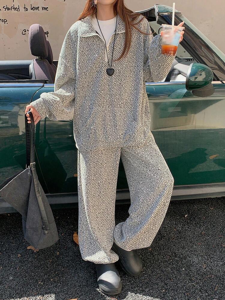 Women's Ribbed Texture Half-Zip Long Sleeve Pullover Sweatshirt And Elastic Waist Sweatpants Casual Two Pieces Set, Street & Urban Leisure Tracksuits Women Set Lounge Sets For Women