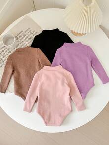 SHEIN LMoss Kids LMoss Baby Girl 4pcs/Set Newborn Baby Girl Cute Knit Solid Color Mock Neck Long Sleeve Bodysuit, Suitable For Autumn & Winter - Multicolor - View 2