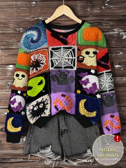 EMERY ROSE 女士卫衣/数码印花/南瓜骷髅蝙蝠全身仿卫衣印花/万圣节长袖圆领毛绒卫衣休闲卫衣万圣节卫衣秋冬时尚/时尚卫衣/女士休闲宽松圆领上衣/秋冬