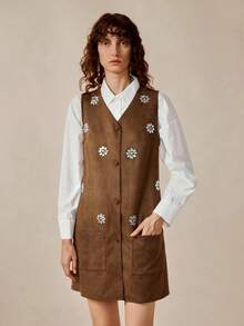 Chiquease Vestido casual y elegante de mujer con bolsillo, de tela de ante y con aplicaciones de strass, sin mangas, en estilo bohemio - Marrón - Ver 3