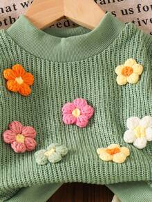 SHEIN Vintaside Kids 女婴蓝色针织3D花卉套头衫+直筒裤套装，秋冬