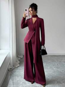 SHEIN Elenzya 女士勃艮第红厚面料不对称设计翻领长袖西装外套和阔腿裤两件套西装，优雅精致 - 酒紅色 - 查看 3