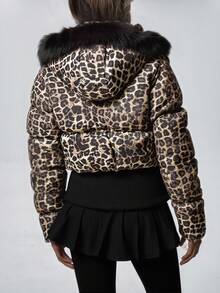 CasuGlow Women Leopard Printed Fake Fur Hooded Padded Winter Coat - Brown - View 3