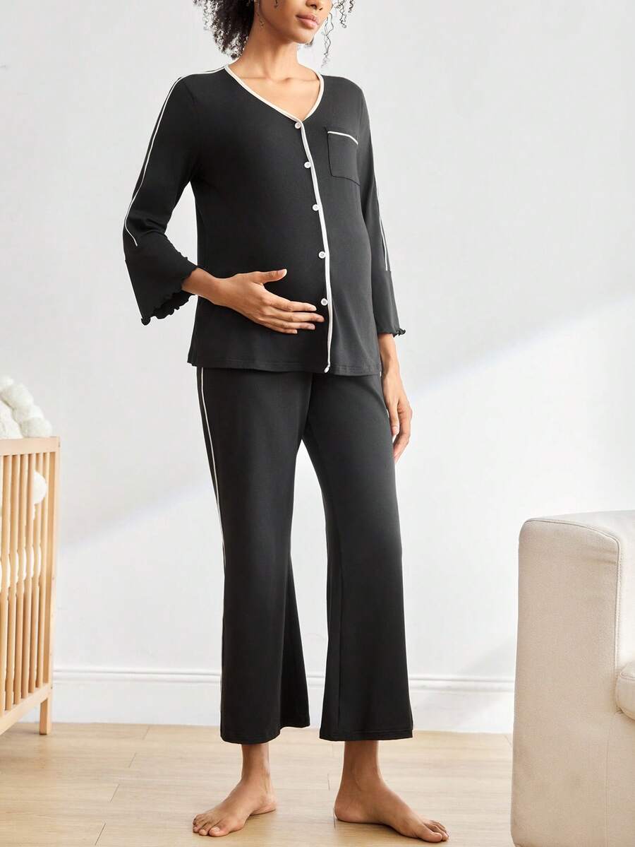 Moonlight&Mama 休闲时尚哺乳上衣和裤子孕妇家居服、秋季服装、舒适服装 - 黑色 - 查看 1