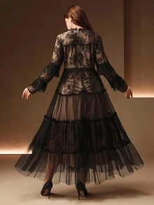 Anewsta 大码女式优雅蕾丝波点网眼拼布荷叶边长袖连衣裙，浪漫风格，适合圣诞节、新年派对、约会、秋冬 - 黑色 - 查看 3