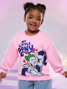 My Little Pony X SHEIN Young Girl Casual Cute Horse Print Crew Neck Sweatshirt, Autumn - Pink - View 3