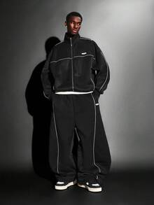 SUMWON 经典运动外套，白色滚边细节，全拉链高领，街头风冬季必备长袖休闲日常穿着拉链外套，纯色 - 黑色 - 查看 4