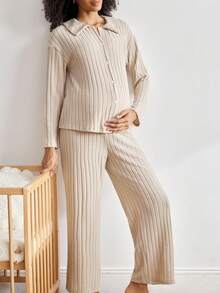 BloomMama Maternity Brushed Autumn/Winter Comfortable Ribbed Collar Button Front Long Sleeve Top & Pants Pajama Set, Easy Comfort Chic, Fall Clothes, Cozy Outfit - Khaki - View 1