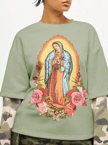 SUMWON WOMEN Layered Long Sleeve Double Layer Guadalupe Virgin Mary T Shirt Rose Print Tee Fall Winter Casual Print Cottagecore Top Streetwear Goth - Multicolor - View 7