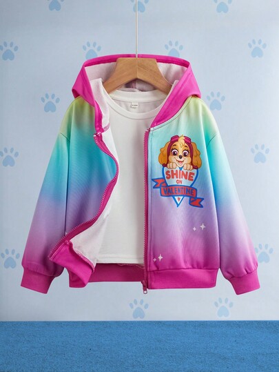 SHEIN | PAW Patrol Bluza z kapturem i zamkiem błyskawicznym dla młodej dziewczyny z nadrukiem słodkiego szczeniaka w gradientowym kolorze, z długim rękawem i dzianinową luźną konstrukcją