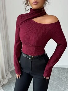 Modelyn Áo thun nữ tay dài cổ chéo vai họa tiết ôm sát thường ngày, mùa thu/đông - Đỏ - Xem 3