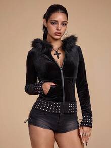 ROMWE Grunge Punk Áo nỉ nhung ôm vừa vặn gợi cảm Y2K đính đá Rhinestone trang trí cho nữ - màu đen - Xem 6