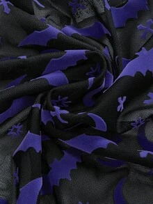 ROMWE Goth Damen Halloween modischer Fledermaus-Flockenmesh Ballonärmel Crop Top - Violett - Übersicht 4