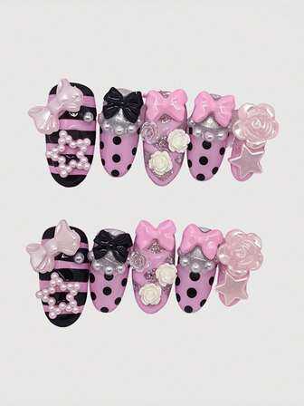 Kawaii Puntas de uñas postizas hechas a mano con alas de metal en forma de corazón romántico con encaje, nota musical y serie rosa, adecuadas para salidas diarias y citas. Estilo de bailarina con lazo, producción masiva para chicas enérgicas.