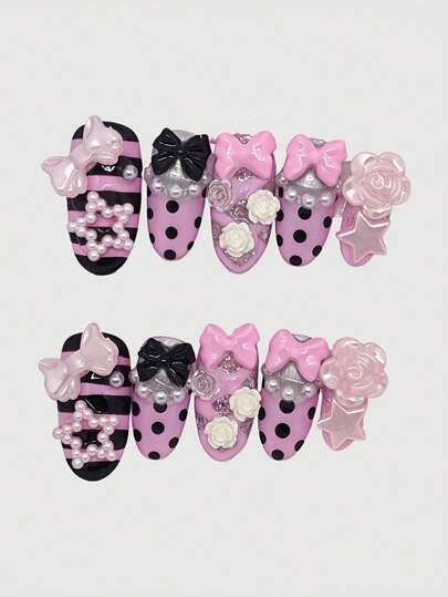 Kawaii Süße romantische Herz-Ballerina-Stil Schleifen mit weißen Flügeln, Metall-Musiknote, rosa Serie, handgefertigte Falschnägel-Spitzen, Massenproduktion energetischer Mädchenwear, geeignet für tägliche Ausflüge und Dates