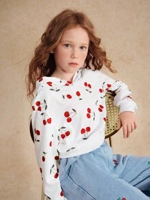 SHEIN Girls Casual Fashion Denim Jeans 1 Piece Knit Comfortable Embroidered Cherry Pattern Cute Outdoor Classic Embroidery Set Fall Winter - Multicolor - View 5