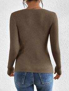 SHEIN Frenchy 女式纯色扭结 V 领长袖修身套头衫，秋冬 - 咖啡棕 - 查看 2