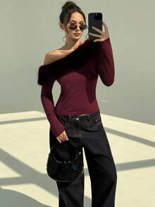 Aloruh Maglietta aderente asimmetrica in velluto bordeaux sexy per donne, adatta per festival musicali - Bordò - Visualizzare 3
