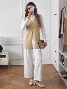 Louniche Women's Elegant Texture, High-End Simple Open-Front Vest, Long Woolen Coat - Apricot - View 3