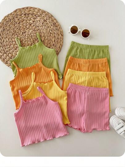 8pcs/Set Baby Girl's Casual Solid Color Knitted Tank Top And Shorts Outfits
