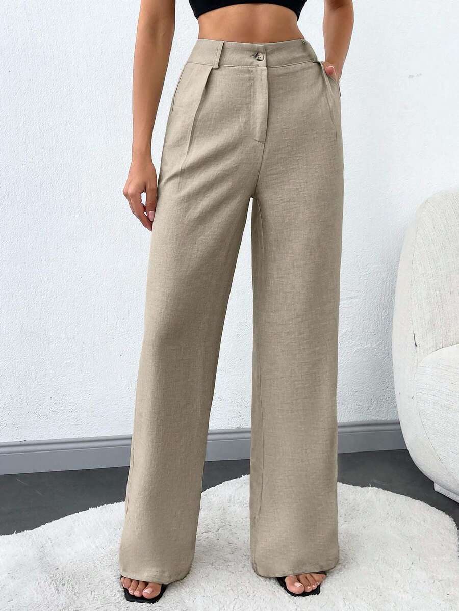 SHEIN Tall 100%Cotton Tall Women's Solid Slant Pocket Straight Leg Pants - Beige - View 1