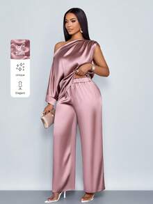 SOLERSUN Women's Fashionable Solid Color Elegant Ruched Asymmetrical Neck Stylish And Sophisticated Batwing Sleeve Asymmetrical Hem Satin Blouse & Straight-Leg Elegant Long Pants Sets