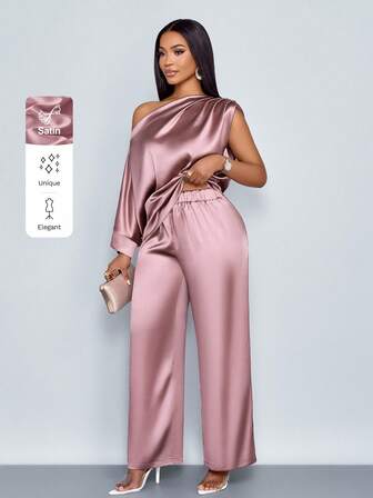 SOLERSUN Fashionabla enfärgade damer Elegant rynkad asymmetrisk hals Snygg och sofistikerad Batwing-ärm Asymmetrisk fåll Satinblus & raka ben Eleganta långbyxor