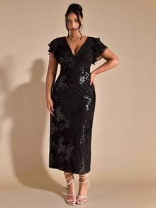 SHEIN BAE Plus Size Solid Pink Rhinestone & Sequin Floral Backless Mini Dress, Beach Vacation Dress, Sexy Backless Elegant Sweet Dress, Graduation Dress New  Fall Fashion Clothes For Women,Autumn Outfits Women Plus Size,Valentine's Day,Valentine Outfits For Women - Pink - View 8