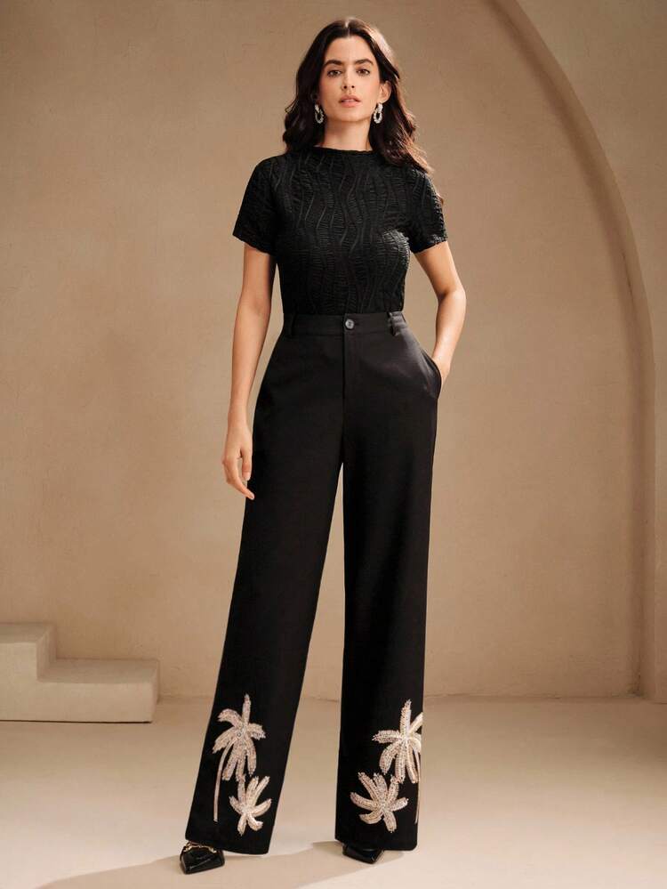 女性用エレガントな人工真珠刺繍ヘムミッドライズパンツ、秋、冬、外出、エレガント、フォーマル、シック、新年、クリスマス、卒業式、結婚式、ビジネスに適しています