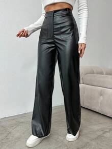 EURMUSE Women's Solid Color Pocket Button Casual Versatile Commuting Wide Leg Pants - Black - View 3