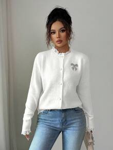 Elenzga Áo khoác cardigan nữ thanh lịch phối ren hoa, thích hợp mùa thu/đông, có cúc và nơ đính đá, kiểu dáng dễ thương, phù hợp dự tiệc, phối màu trắng, Giáng sinh và năm mới. - trắng - Xem 4