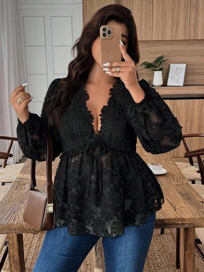 Weeklong Plus Size Women Elegant Lace Jacquard Fabric Ruffle Hem Party Blouse, Office Wear