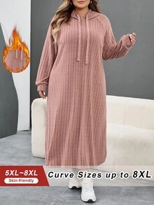 SHEIN CURVE+ Plus Size Women's Ribbed Fabric Long Sleeve Hooded Loose Dress